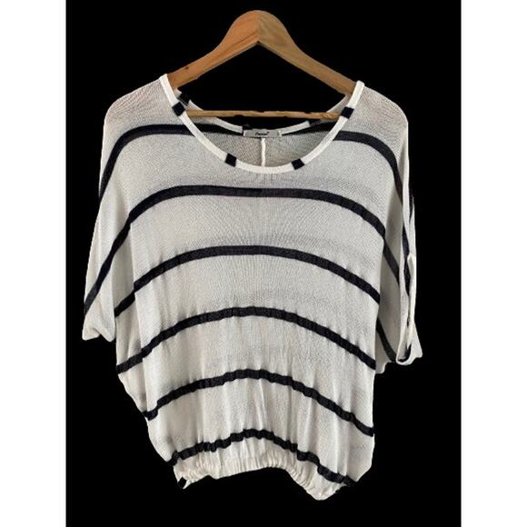 Papaya Semi Sheer Coastal Open Knit Black White Stripe Dolman 1/2 Sleeve Top Med - Picture 1 of 10